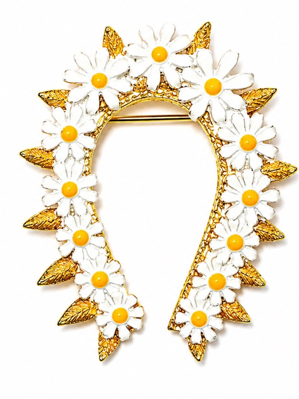 🌼 Vintage Daisy Horseshoe Brooch Pin – Gold Tone & White Enamel Floral